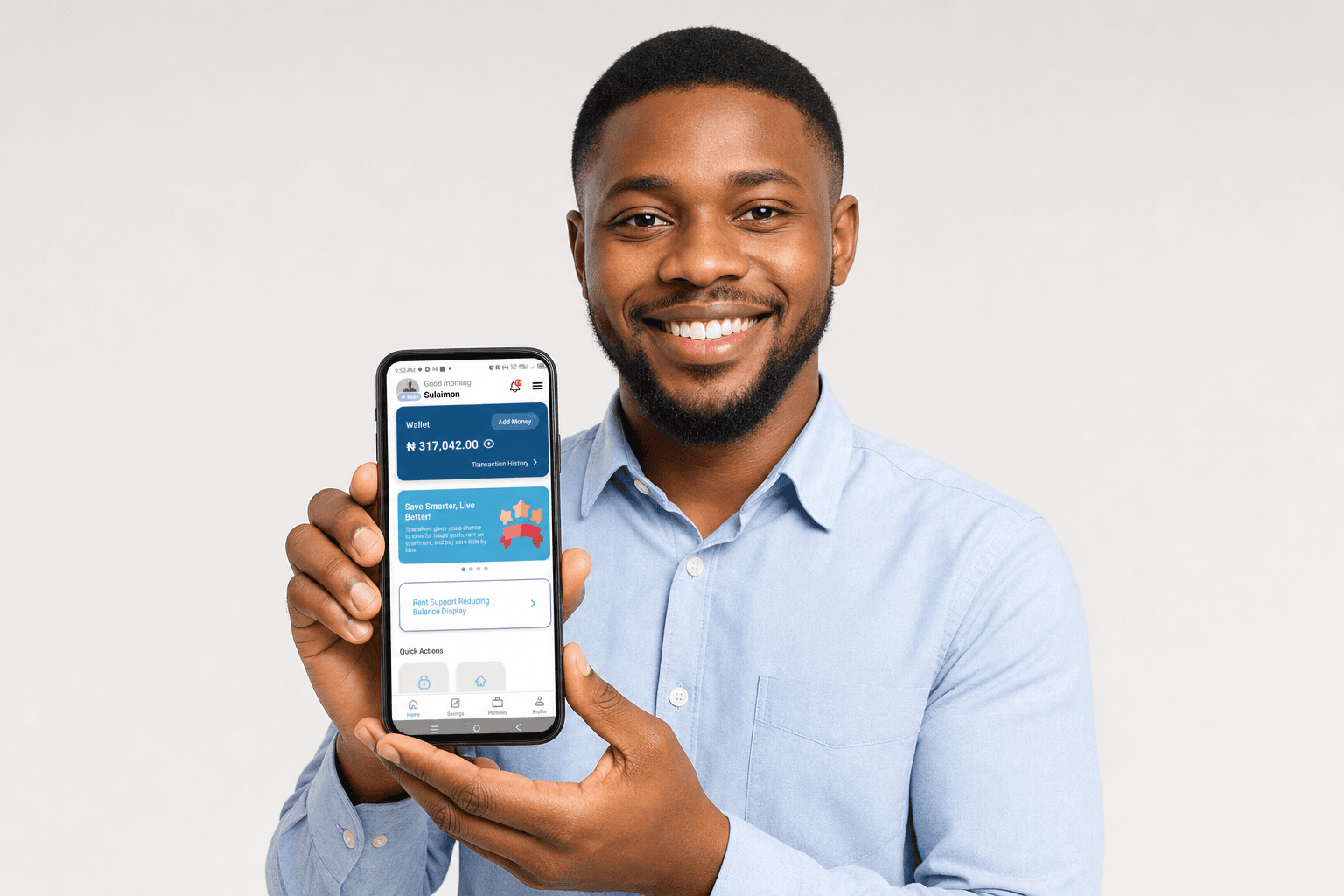 Happy RentSpace user holding a phone showing the SpaceRent app dashboard