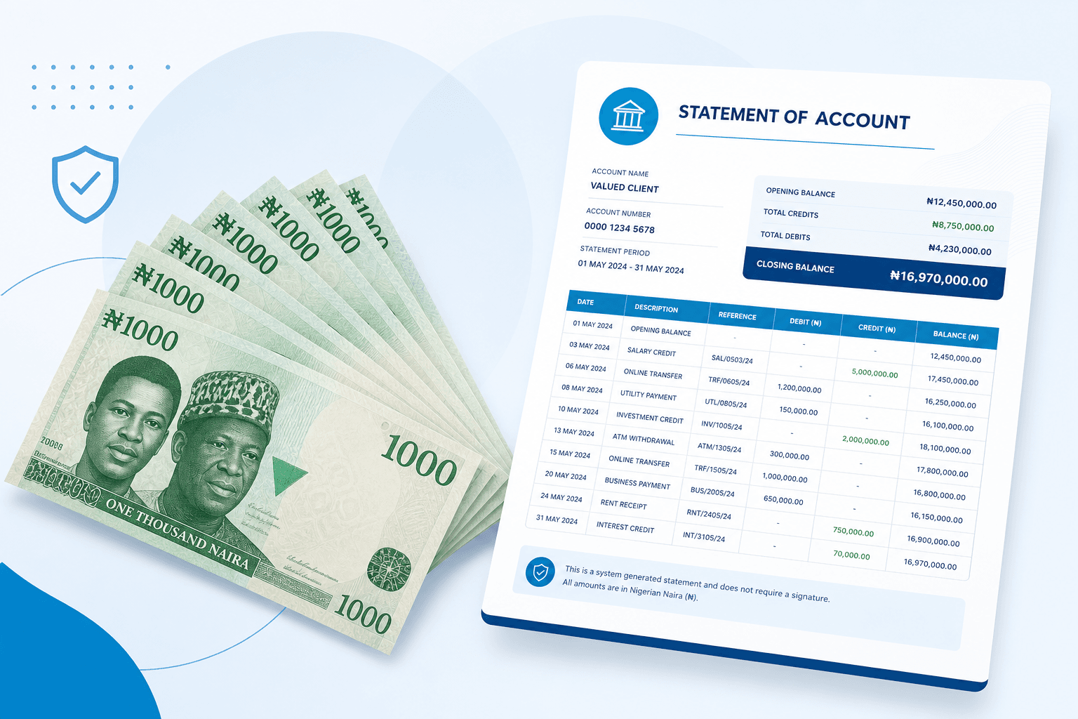 Nigerian Naira banknotes and bank statement of account representing Proof of Funds verification